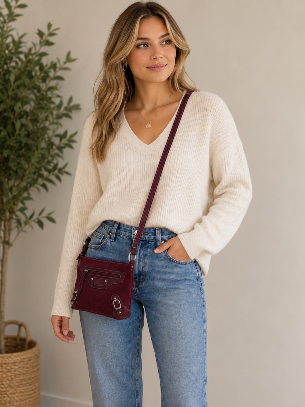 Chic Maroon Genuine Suede Leather Shoulder Bag